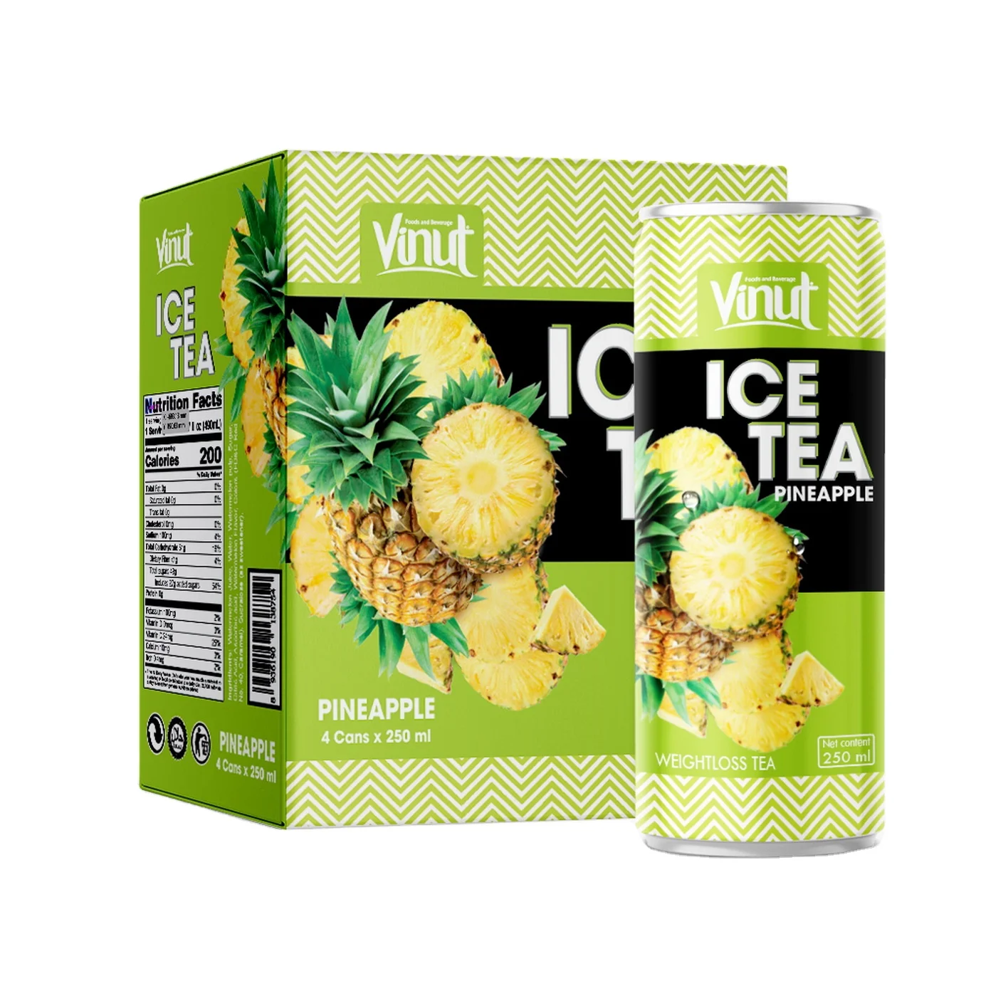 
250ml Carbonated Soft Drinks Box 4 Cans Ice Tea Pineapple Juice Natural pure healthy fresh Beverage Packaging Design 