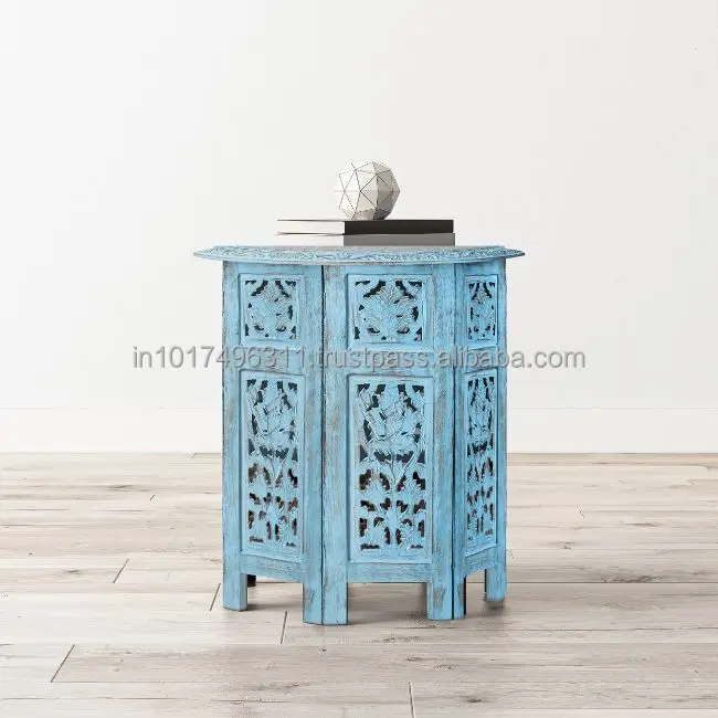 Wooden Handcrafted Carved Antique Solid Folding Sky Blue Coffee Table Wood Side (Finish Color - )