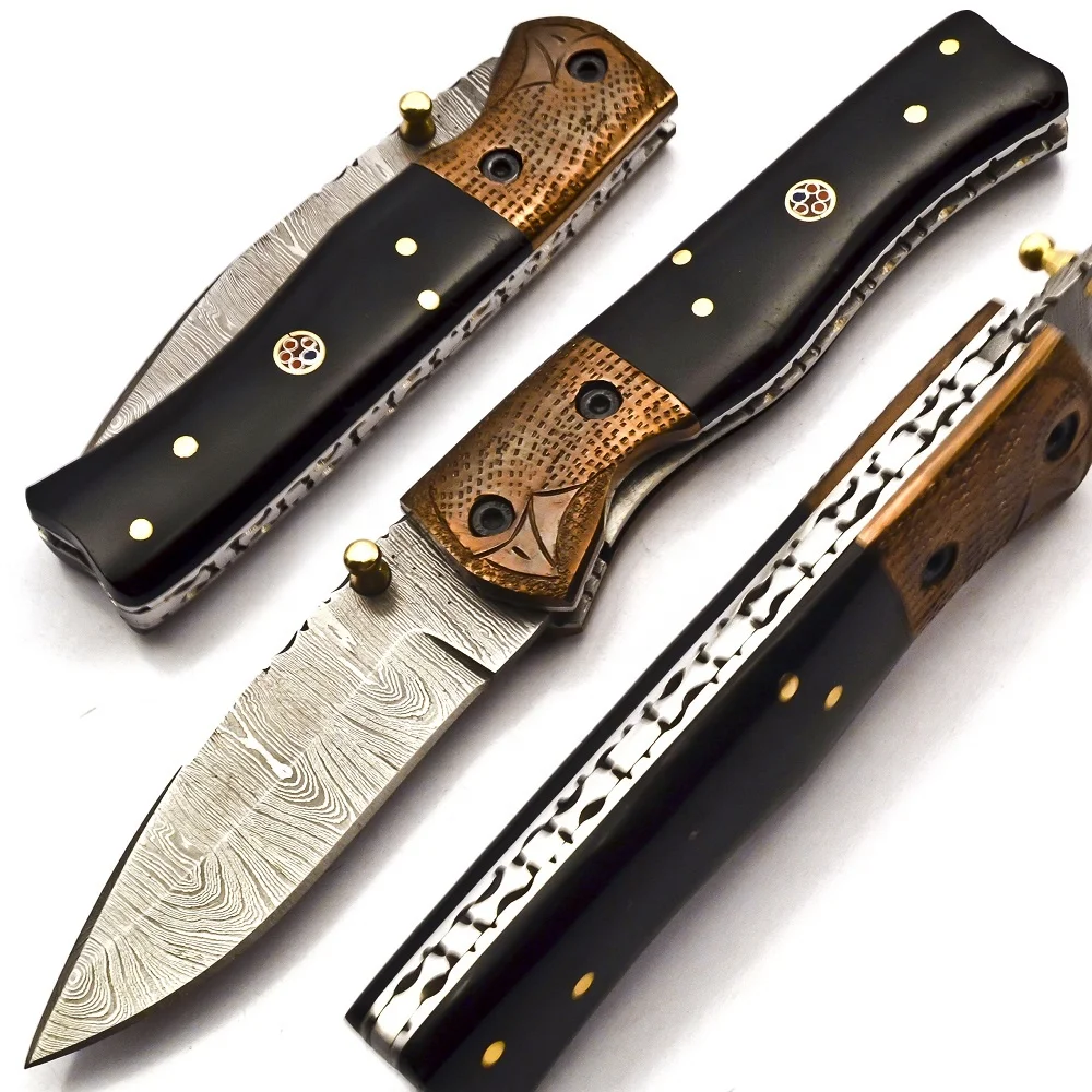 Складной карманный нож из дамасской стали с поворотным узором для повседневного использования с черной ручкой из микрокарты.