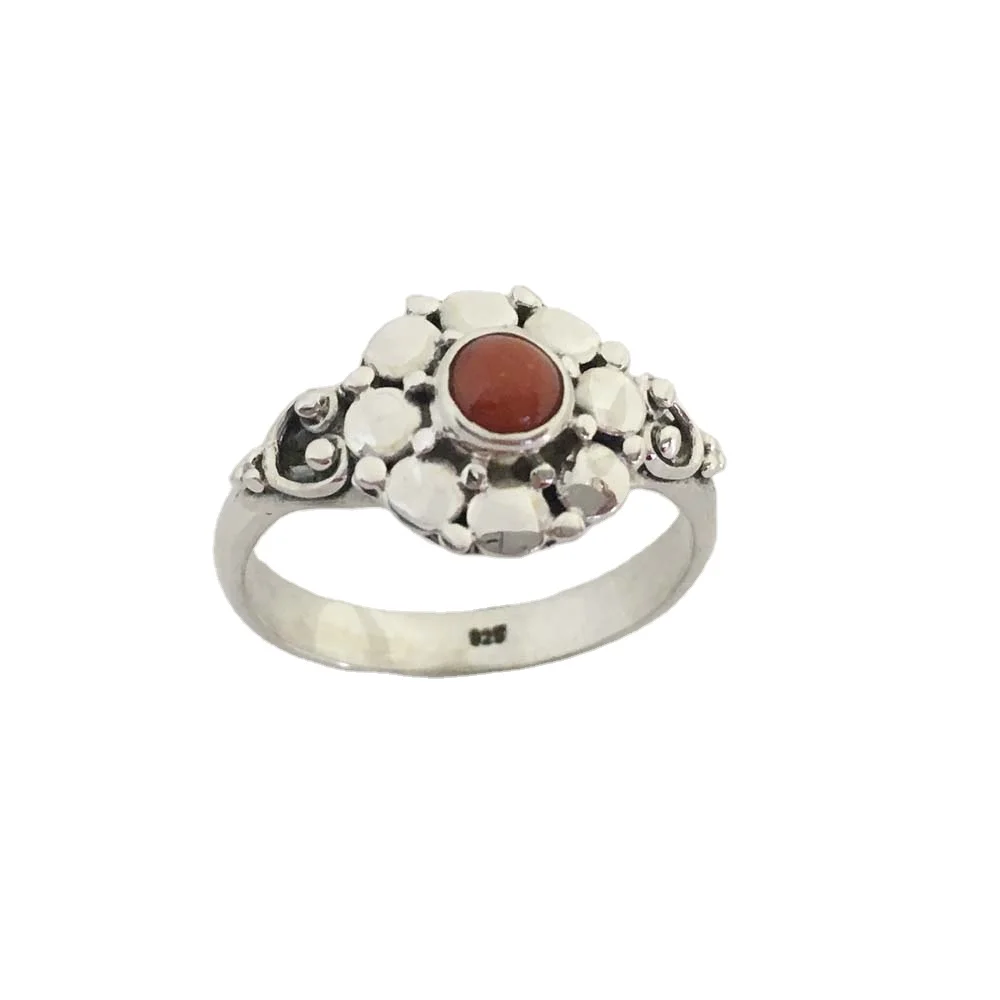 High Quality New Arrival 925 Sterling Silver Gemstone Jewelry Marvelous Red Coral Flower Filigree Rings For Women And Cute Girls