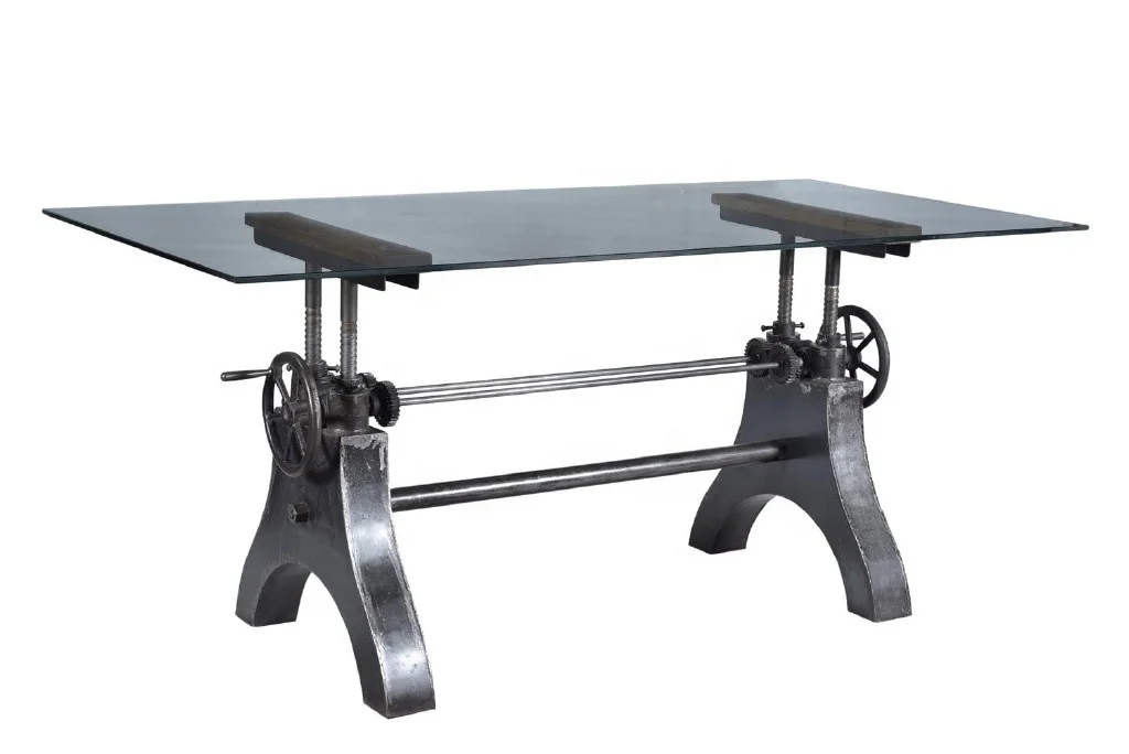 Винтажный промышленный обеденный стол со стеклянным механизмом Jodhpur деревенский регулируемый с коленчатым индийский