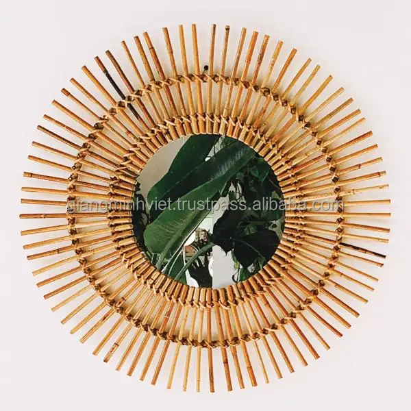 Home Decor Bamboo rattan furniture Handmade craft Vietnam Manufacture round woven wood wicker willow frame rattan wall mirror