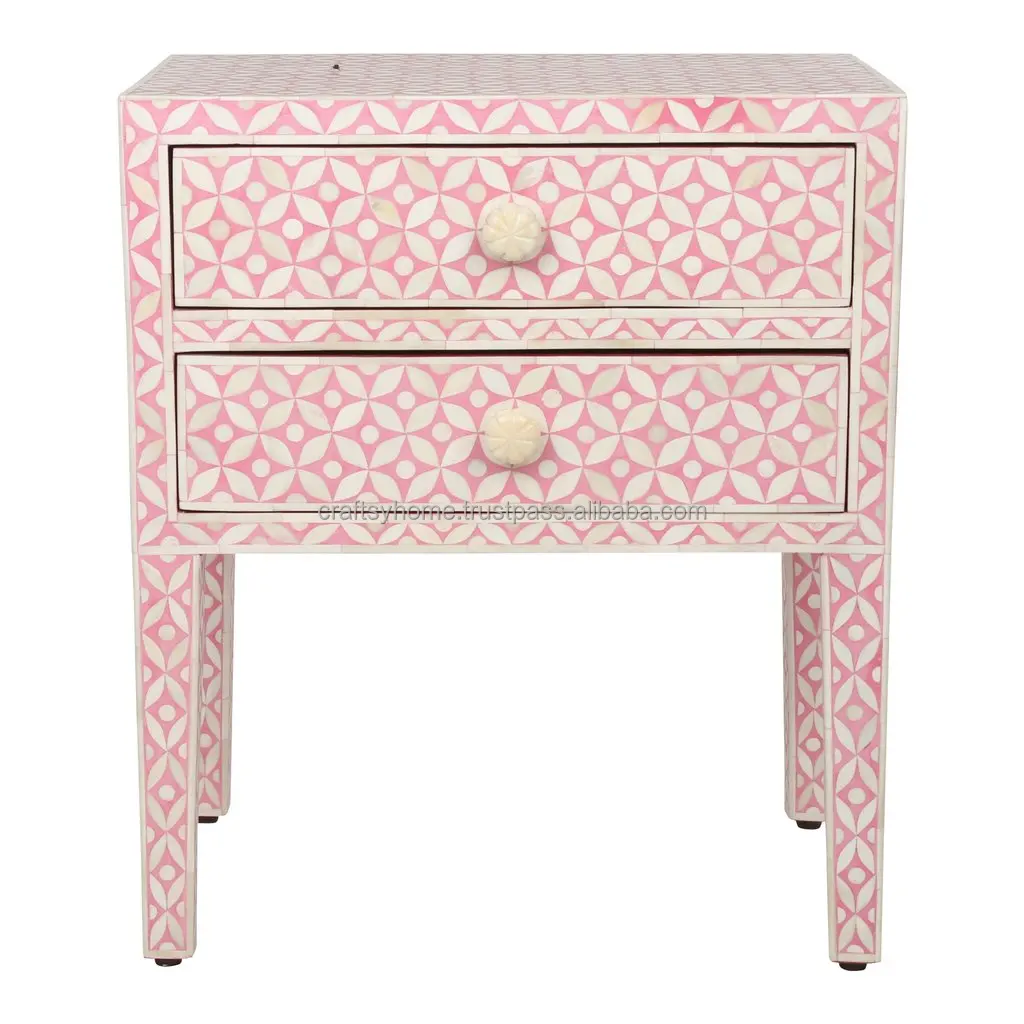 Handmade Bone Inlay Side Table for Bedroom and Living Room Luxurious Geometric Bone Inlay Pink Color 2 Drawers Bedside Table
