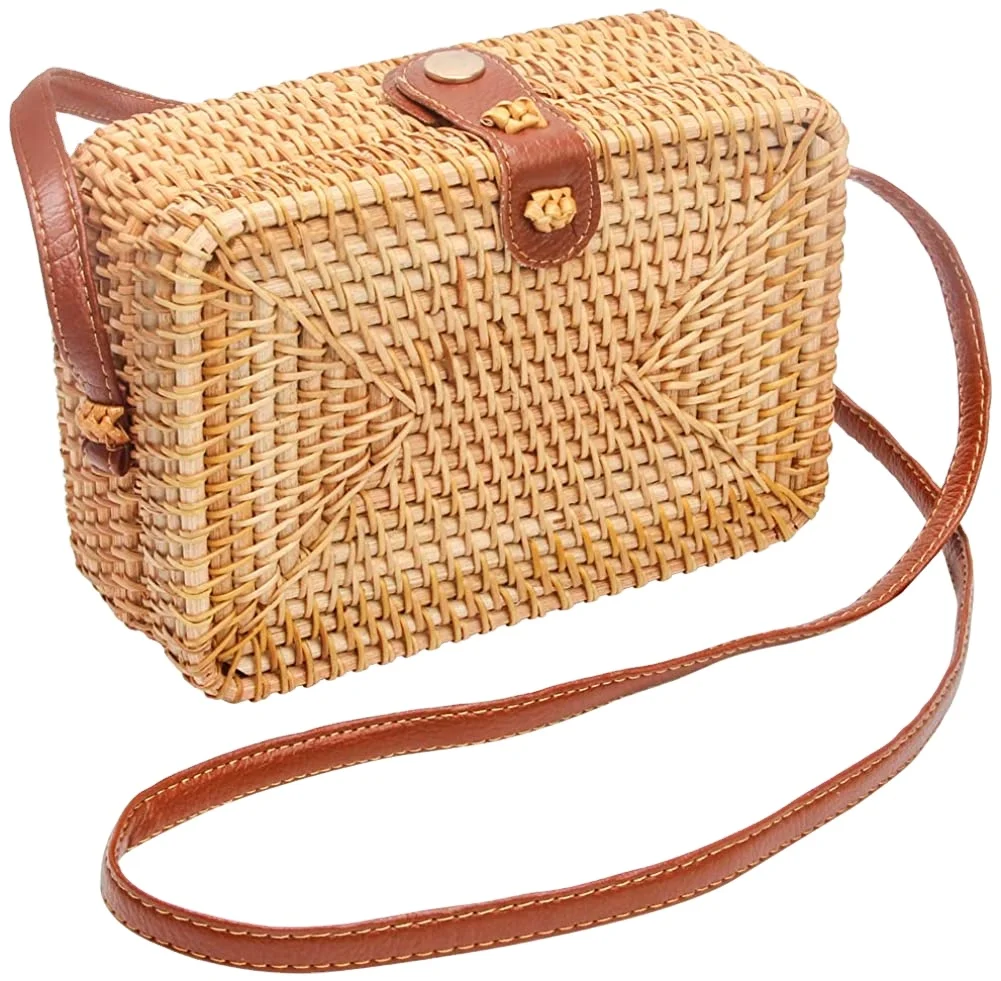 
Rectangle Rattan Bag Brown Handwoven Best Price from Vietnam/Wholesale Handicraft Tote Rattan Straw Handbag Crossbody Bag 