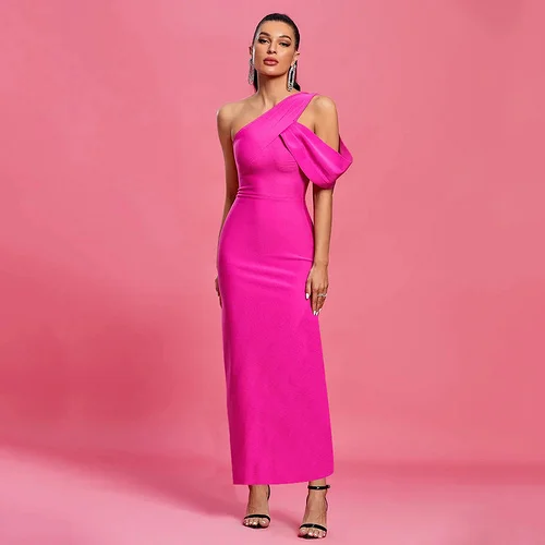 New Fashionable One Shoulder Backless Long Dress 2023 Elegant Rose Red Sleeveless Slim Tight Casual Slim Bandage Party Dress