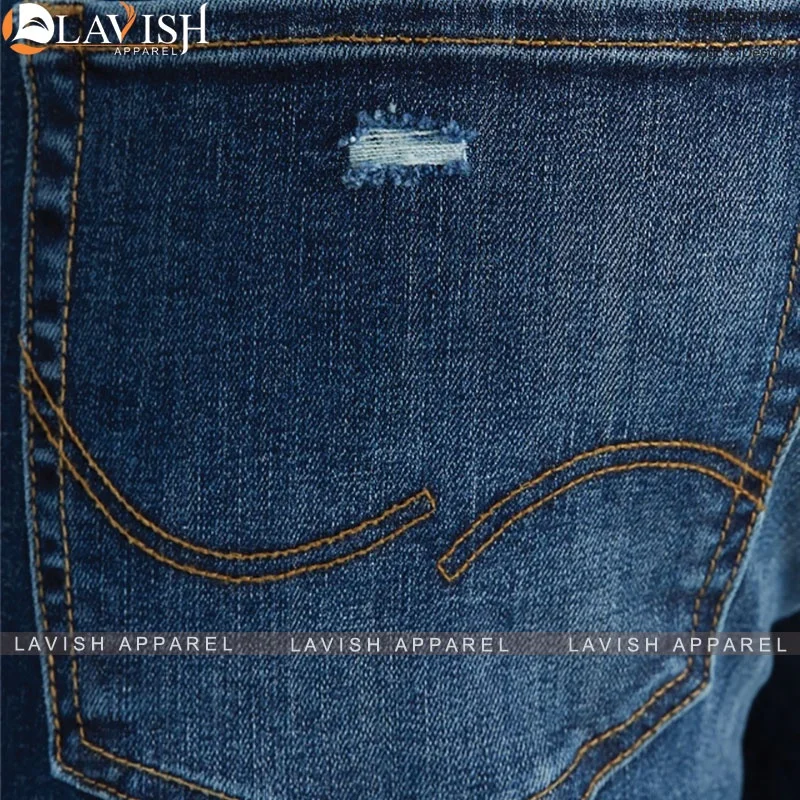 Custom Distressed Washed Dark Blue Denim Jeans Pants for Men Stylish Baggy Hole Super Skinny Jeans Men