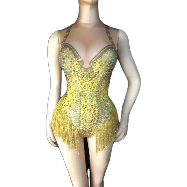 Shemax Stage Performance Dance Wear Singer Pole Dancing Bodysuit Gold Fringe Leotard Nude Spandex
