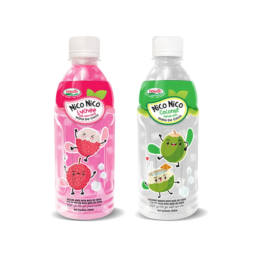 Mixed Juice with Nata De Coco Cube Nico Nico Healthy Beverage Brand Wholesale Supplier 350ML PET Bottles Coconut Lychee Juice