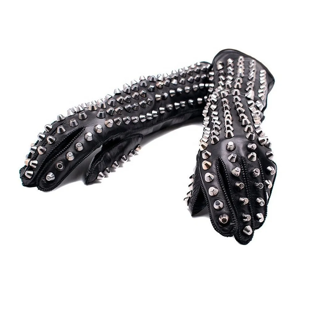 Long Sleeved Studded Black Pu Leather Gloves Fashion Breathable Fleeced-Lined Warmed Leather Gloves From Pakistan