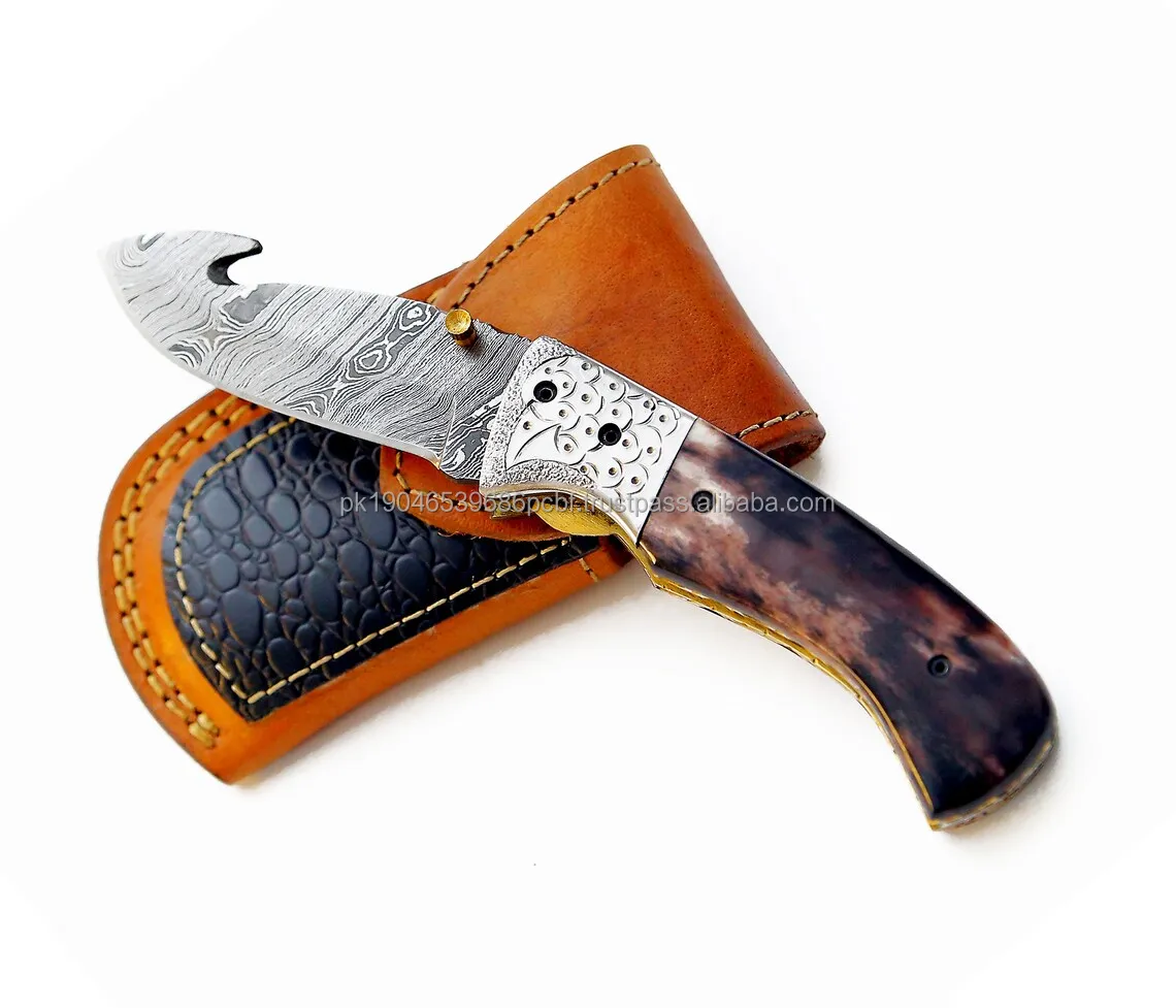 Custom Made Camel Bone Handle Pocket Knife Damascus Steel Foldable Blade Gut Hook Style for Hunting and Camping Includes Sheath