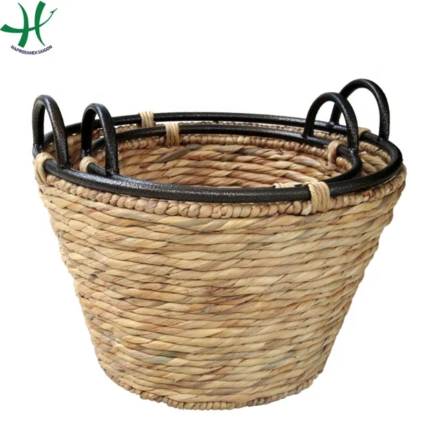 Round water hyacinth storage basket with metal handles and natural color Storage Boxes & Bins