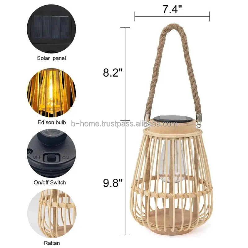 Outdoor Hanging Solar Lantern Waterproof Wicker Bamboo Rattan Lamp with RGB Chandelier round Neck Bamboo Fan Handicraft