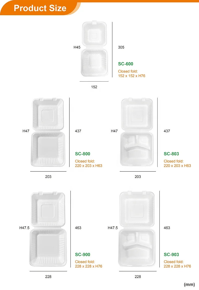 Disposable bleached food container bagasse lunch box biodegradable clamshell