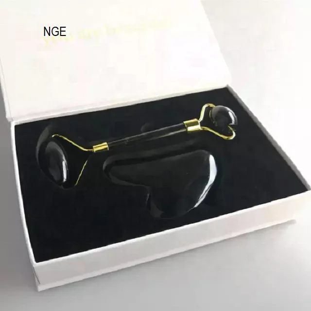 Hot Selling 100% Natural Spa Massage Tool Black Obsidian Body Jade Roller Gua Sha Set : Black Obsidian Jade Roller