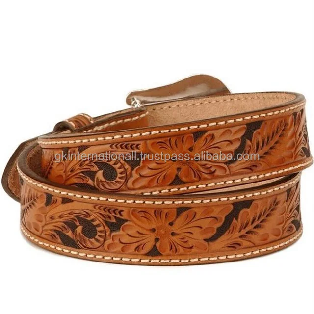Quality leather western punk belt floral embossed decoration Genuine Belt wholesale full grain leather Belt for men