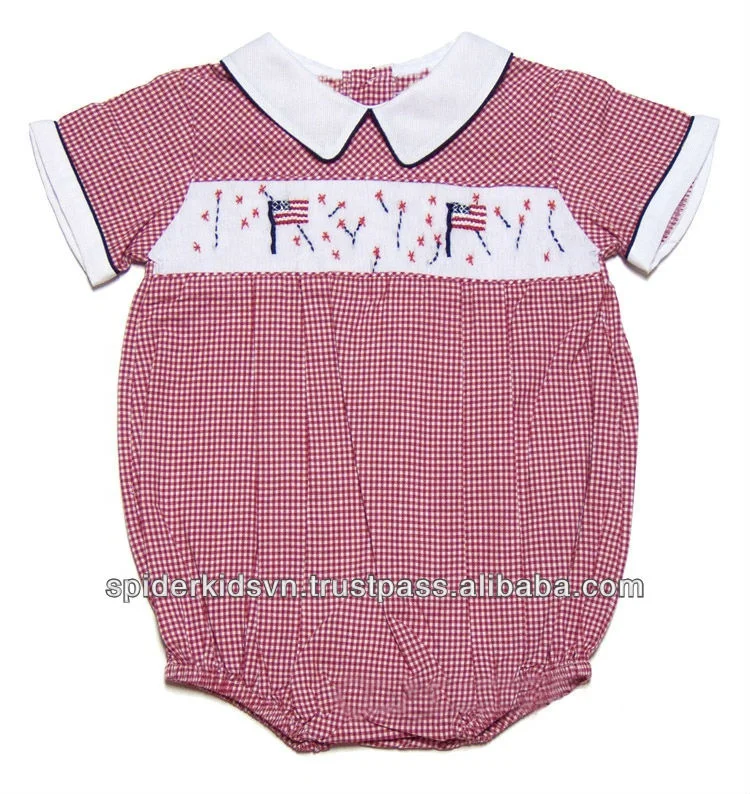 Baby/Toddler Boys Red Mini Gingham Smocked Patriotic American Flags July 4th Bubble Romper toddler american flags clothing