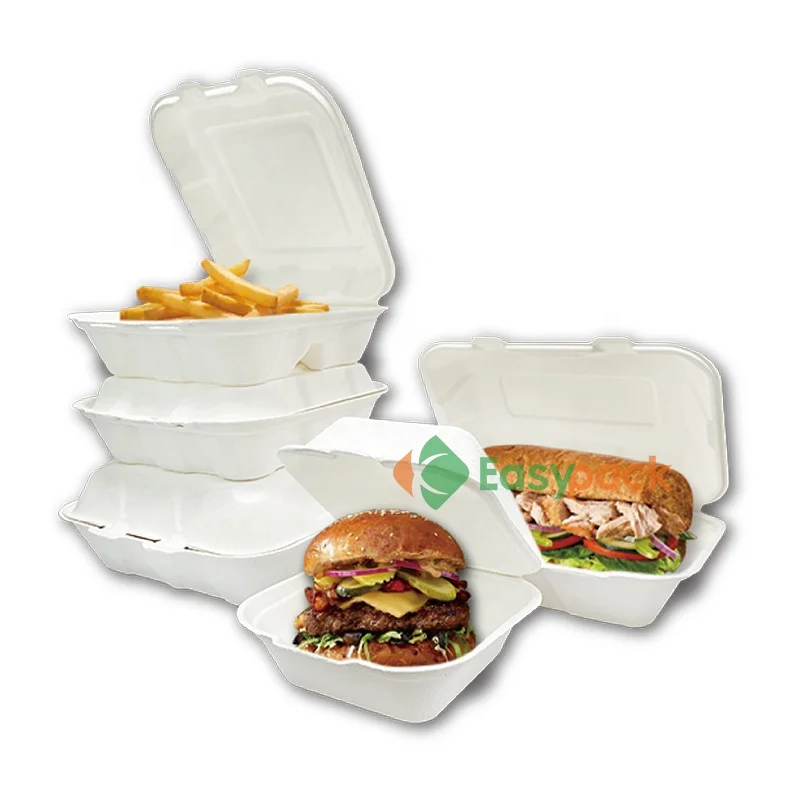 Disposable bleached food container bagasse lunch box biodegradable clamshell