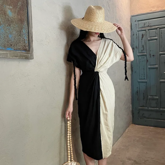 Linen Clothes Dresses Women Midi Linen Dress Cotton For Lady Color Block Casual Wholesale Natural From Vietnam Manufacturer