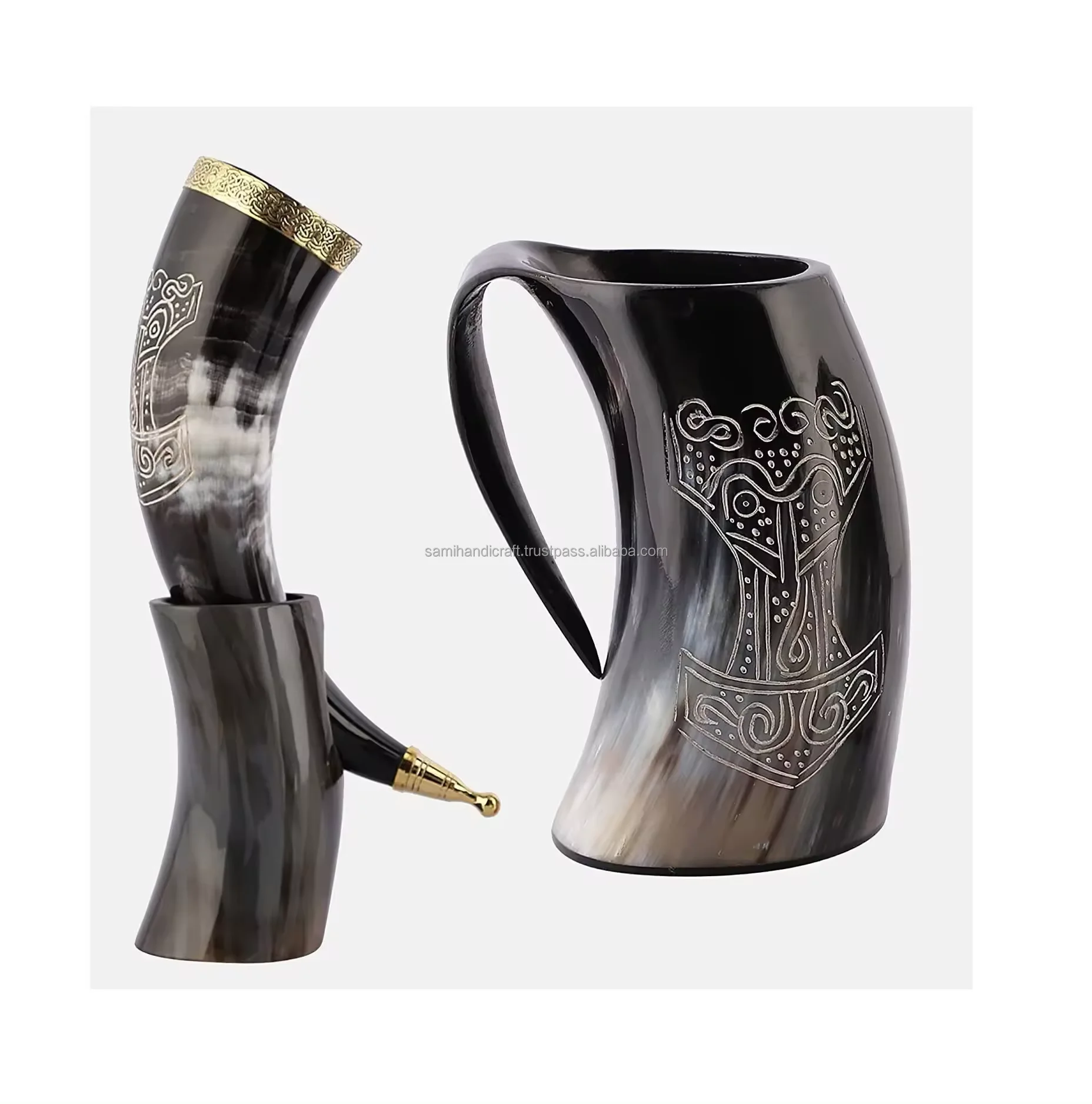 Natural buffalo horn mug viking drinking and beer mug hot quality with wood base for best selling party wear wedding wine mug