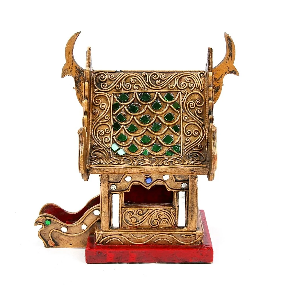 SanPraPhum Traditional Thai Style Spirit House Wood Carving in Brown Red and Glass Altar Shrine Size 22 cm for Home Decor