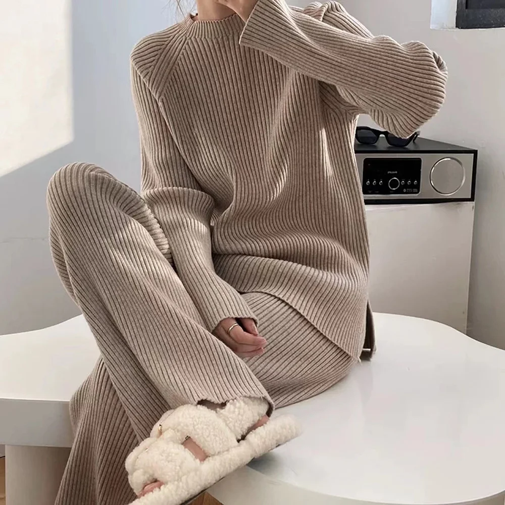 Custom Fall Winter Knit Sweater 2 Two Piece Set Loungewear Pajama Set Knitted Women Sweater Wool Cashmere Knitwear Set Loose