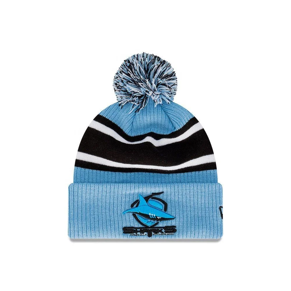 Wholesale Factory Winter Fashion Machine Knitted Soft Acrylic Cronulla Sharks Pom Pom Knit Stripe Beanie Hat