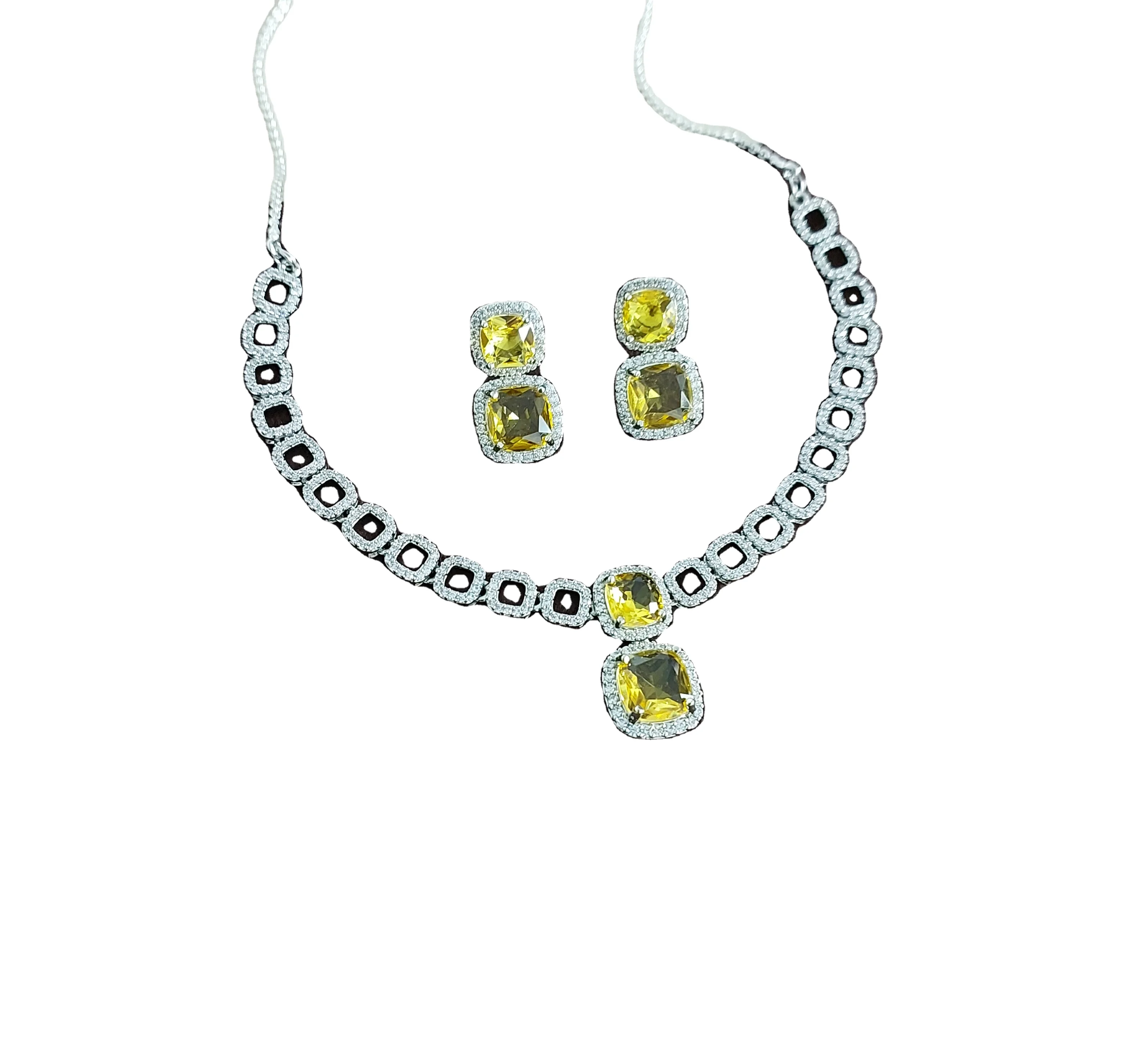 HANDCRAFTED AMERICAN DIAMOND DELICATE NECKLACE SET WITH CZ STONES IN SILVER PLATING FOR OCCASIONS