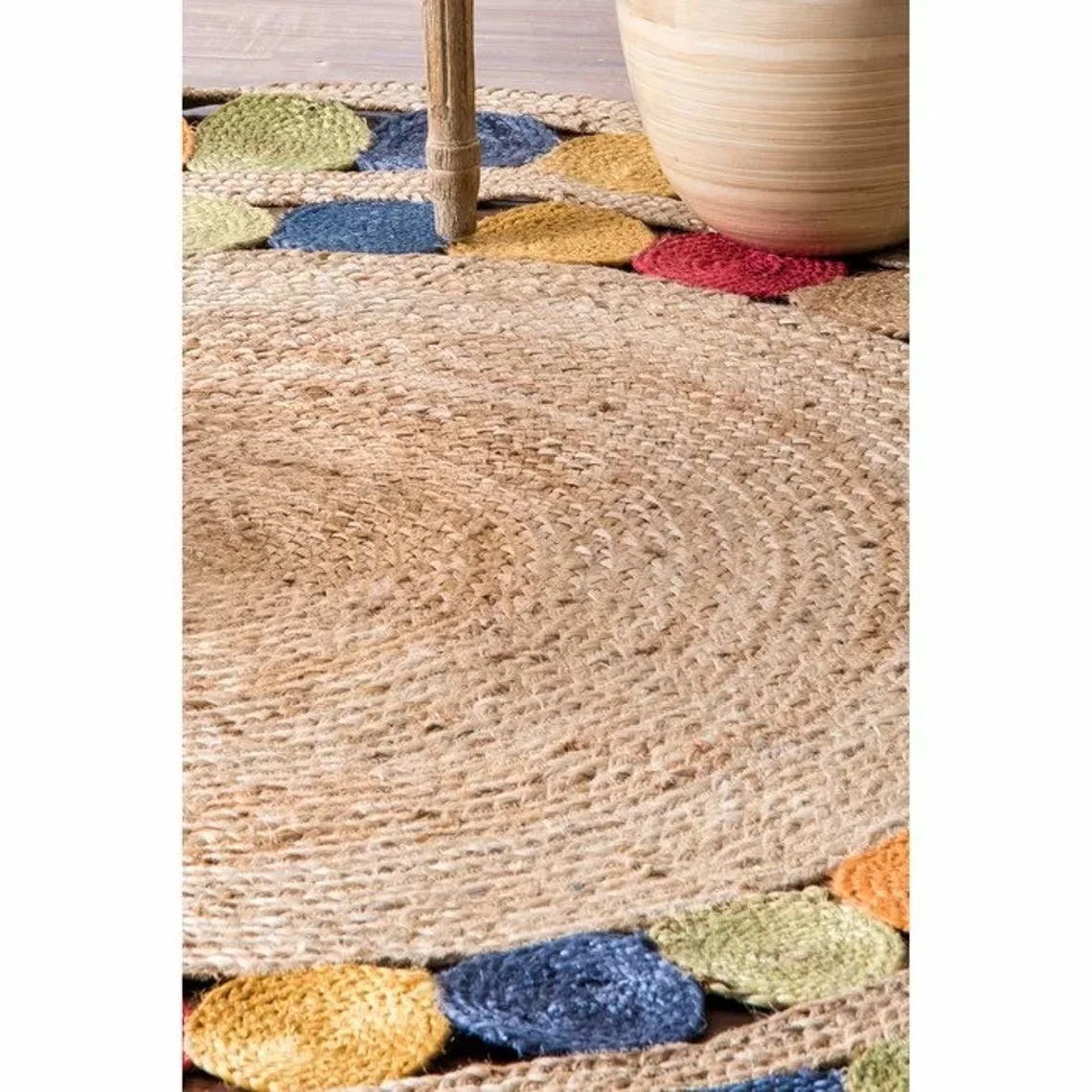Indian Natural Jute Cotton Beautiful Hand Braided Round Shape Outer Double Layer Tikli Floor Rug Carpet for Bedroom Living Room