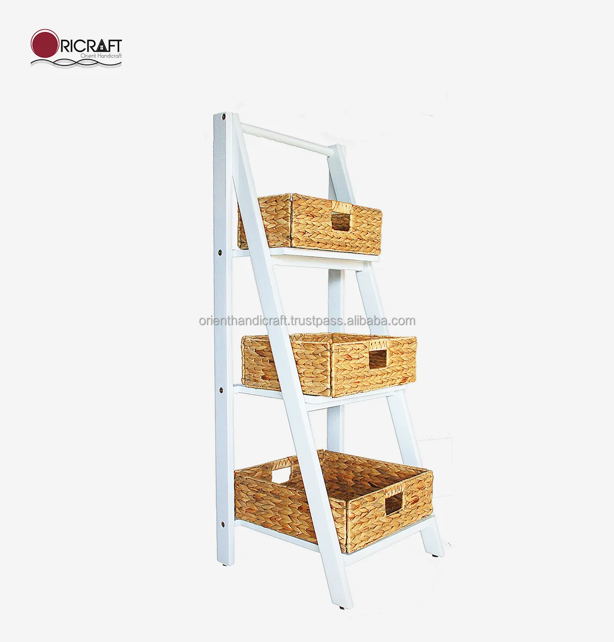 CAVIANA Hot Sell 3-tier Foldable White Wooden Ladder Shelf with Foldable Water-hyacinth Baskets