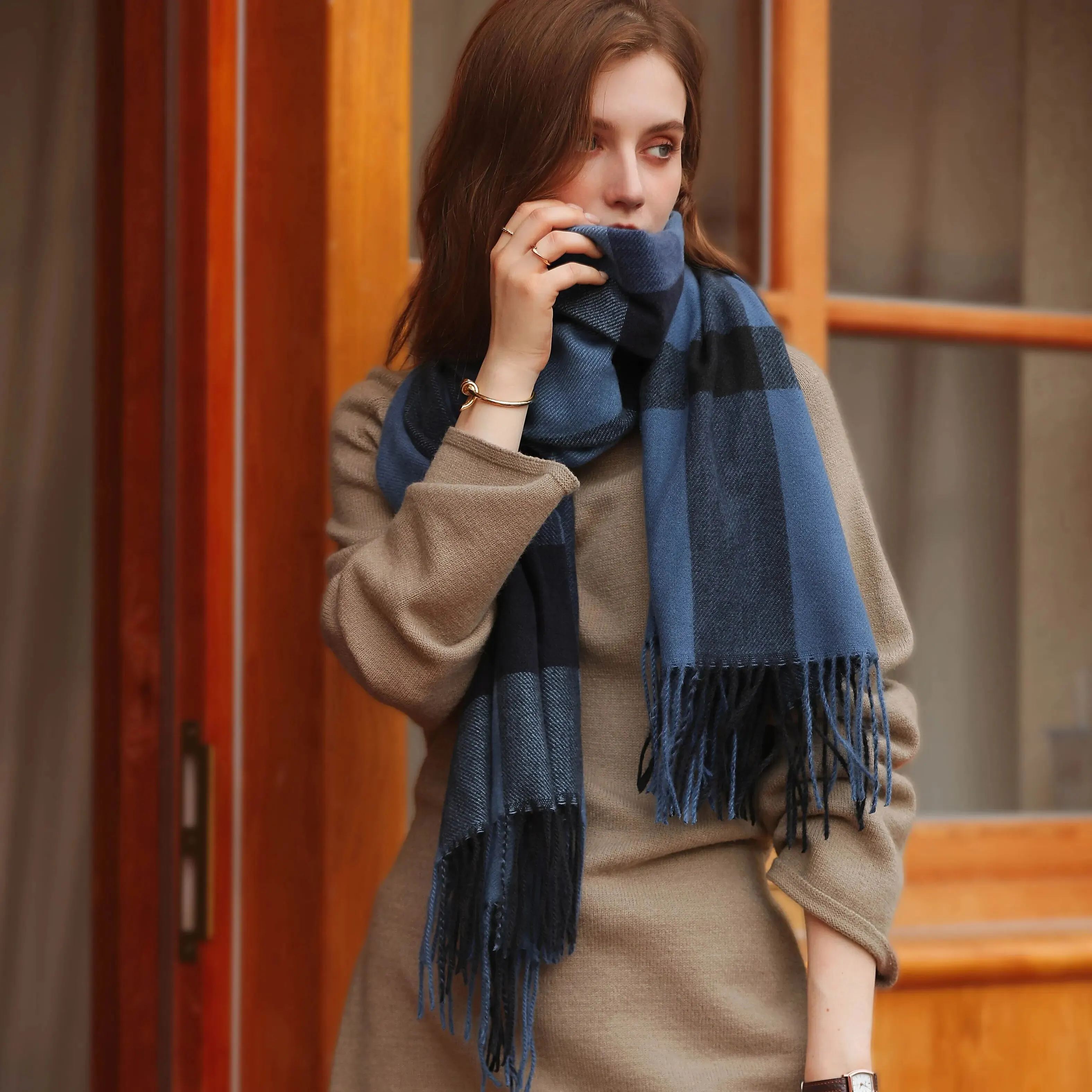 Winter Sweet Style Fringed Cashmere Women Scarf Outdoor Plaid Long Wrap Shawl
