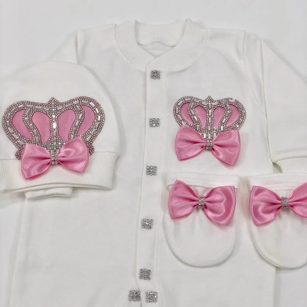 4 Pieces Cotton Fabric Knitted Wholesale Custom New Design Newborn Clothes Kids Pink Crown Jewel  Baby Girl Romper Set