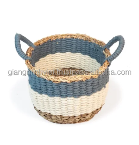 Wholesale price custom home decor round hand woven Jute seagrass cotton rope storage basket made in Vietnam