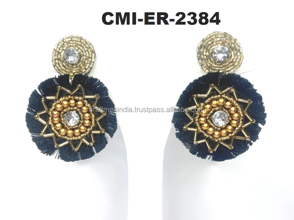 Handmade Beaded Stud Earrings with Classic Wings Design Fashion Jewellery Embroidery Direct from India for Women and Girls