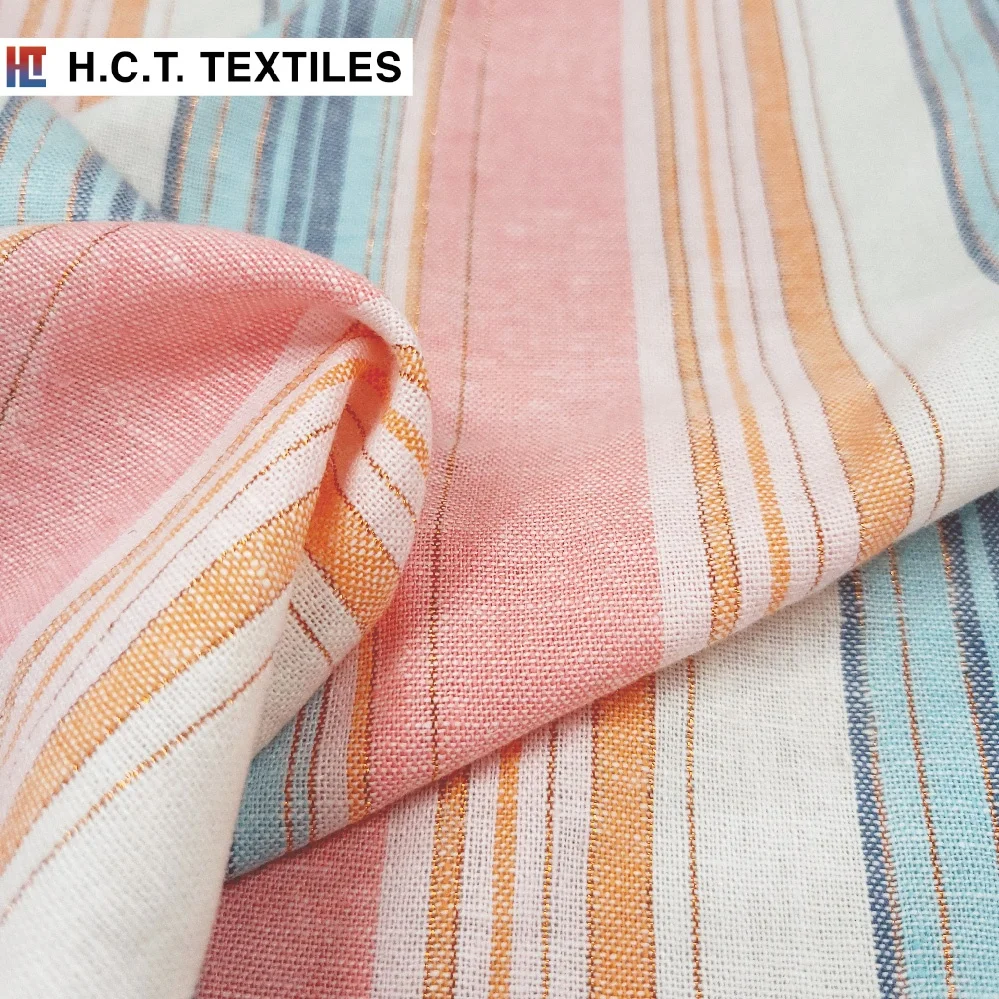 Весенне-летняя многоцветная ткань из вискозы и льна с металлическими полосками 190 г для платья