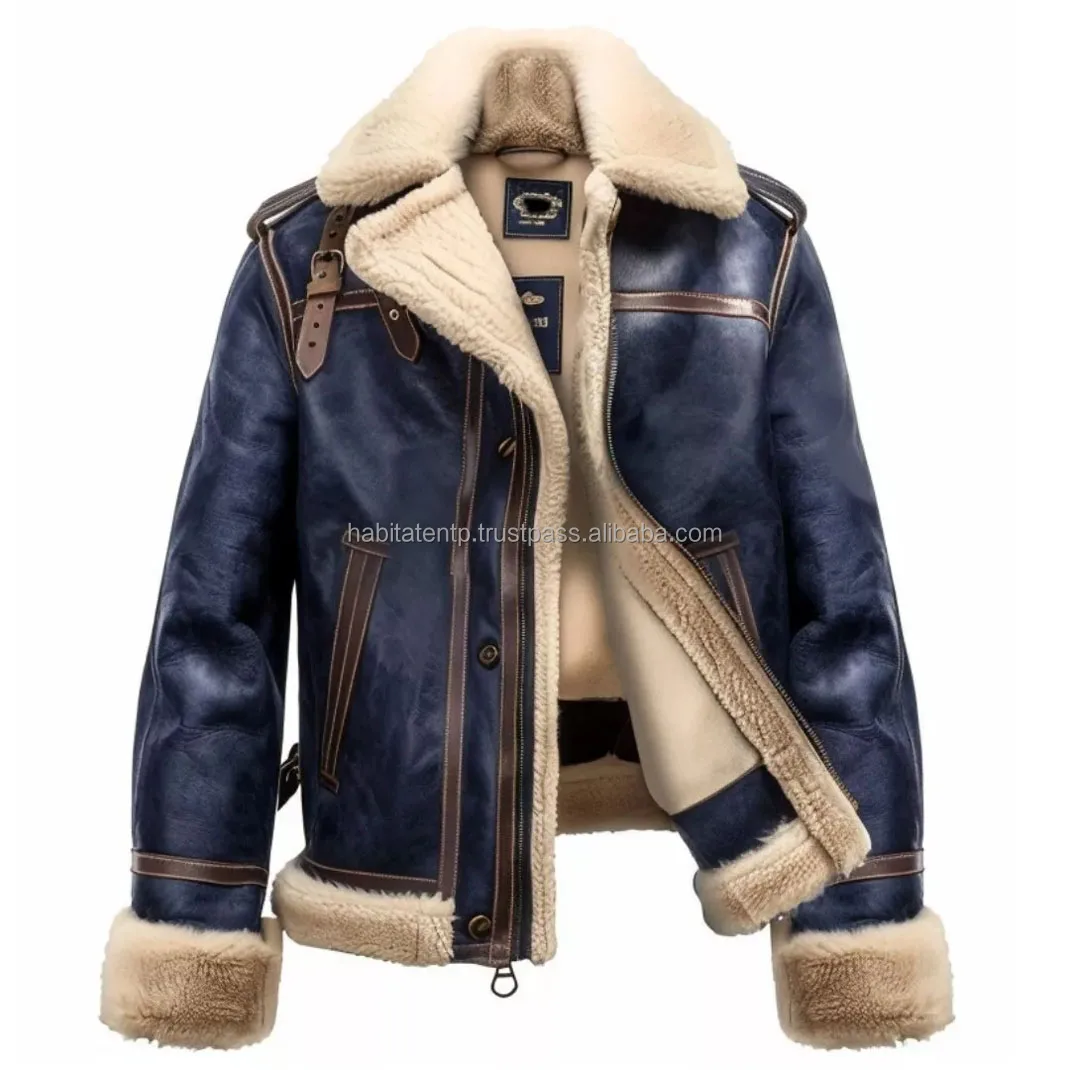 B3 Bomber Jacket Aviator Real Sheepskin Shearling Leather Jacket For Men Blue