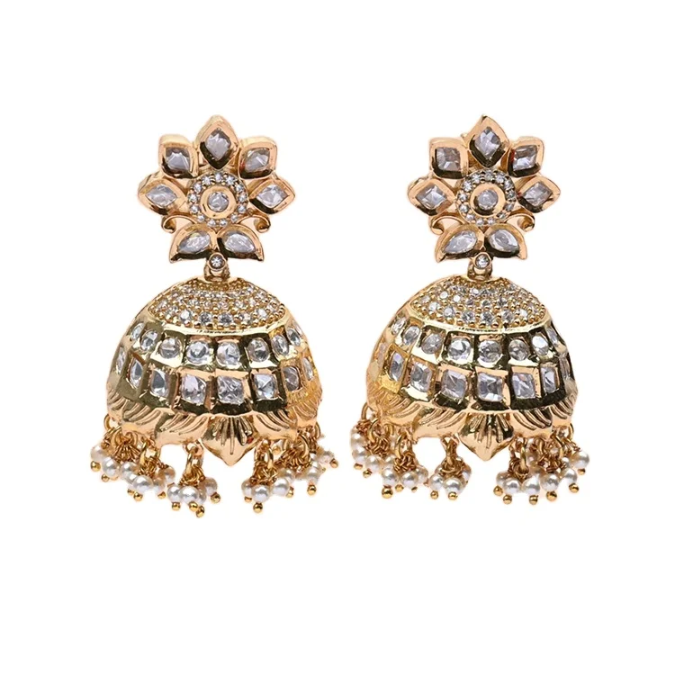 Reputed Supplier Selling Elegant Beautiful Design 925 Sterling Silver Made Polki Diamond Floral Jhumka Earrings at Least Price