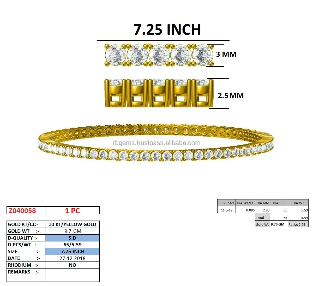 Unisexual Customized Hip Hop Trendy Tennis Bracelet in 10kt yellow gold 9.7 gm and 5.59ct natural diamonds jewelry manufacturer