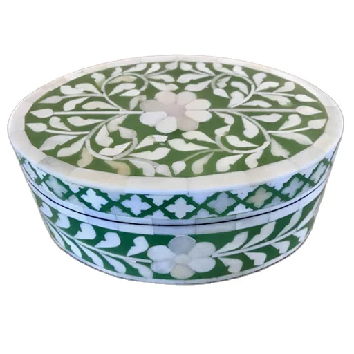 wholesale fancy handmade  round shape vintage  mother of pearl bone inlay box decorative jewellery box for exports