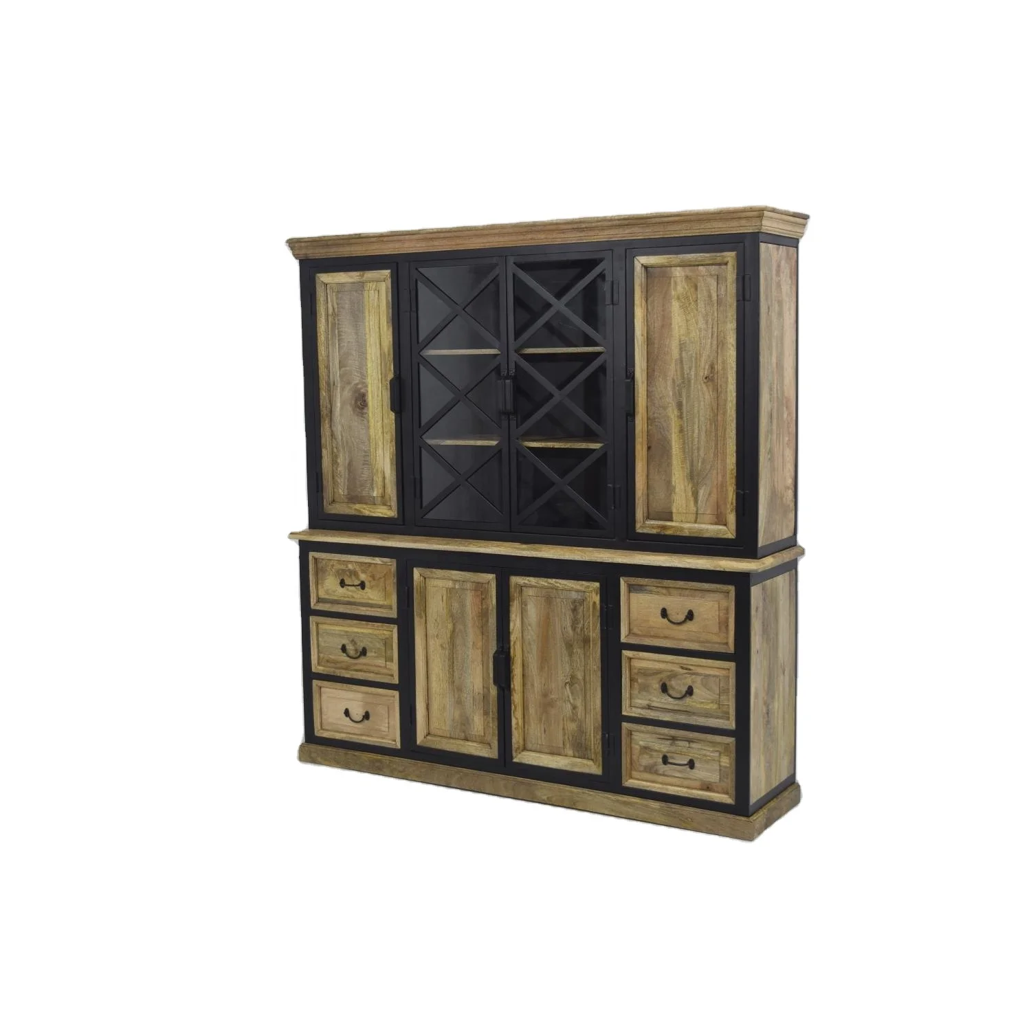 Solid Mango Wooden Iron Frame Glass Door Sliding Buffet Hutch Living Room Cabinet Showcase Storage Display Glass Doors