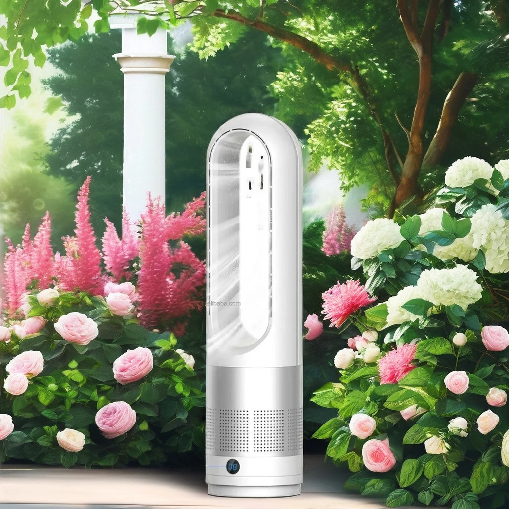 6-in-1 Stand Fan with Air Purifier Heater Dryer for Household or Pets Smart Tuya Control Bladeless Metal Fan