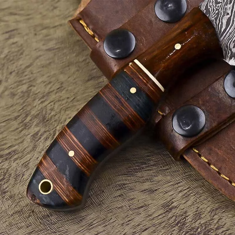 2022 Mini Pocket Carry Knife Fixed Blade Hand Made Skinning Knife Damascus Steel Knife With Leather Bag