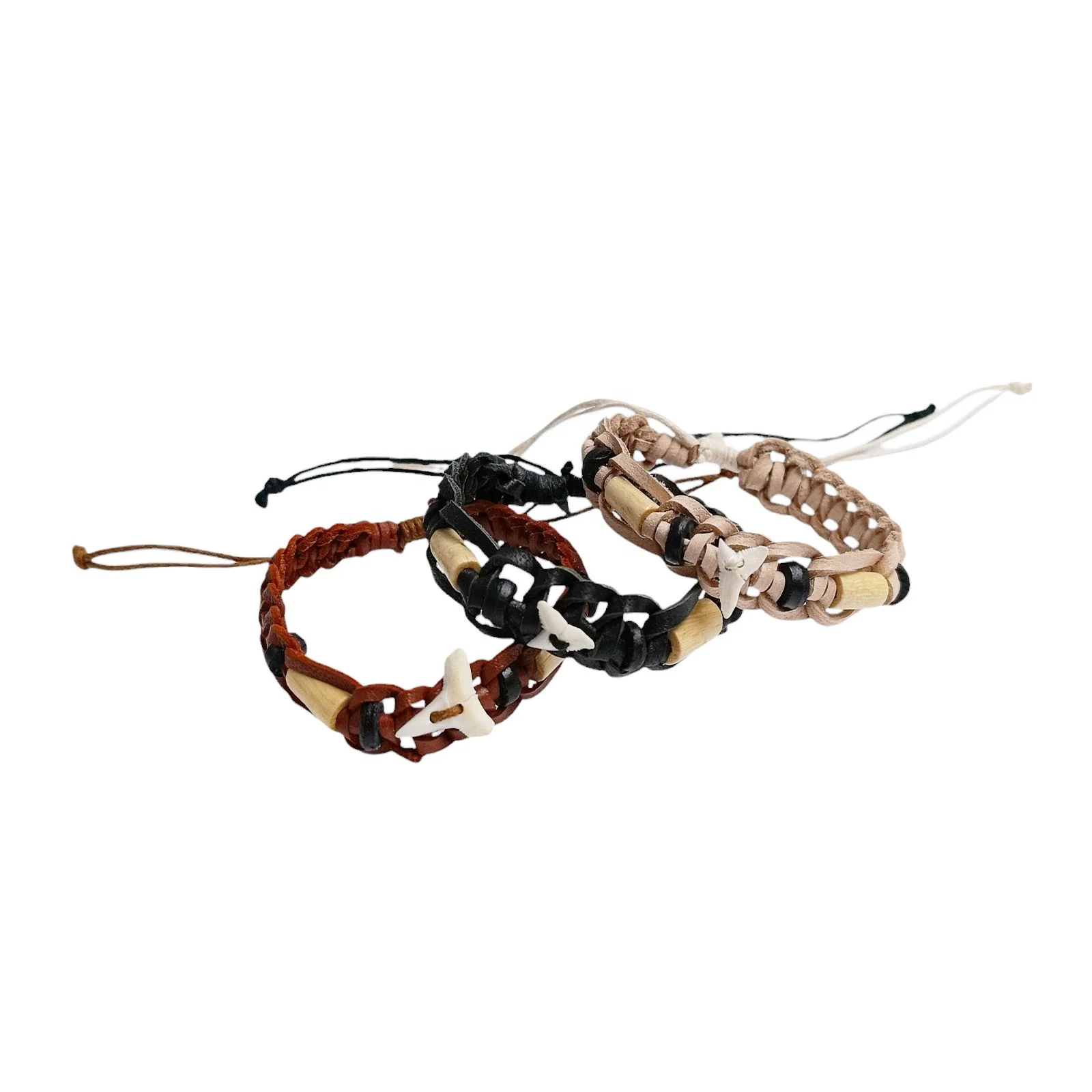 Fashion Jewelry Bracelet Leather Twisted With Real Shark teeth Wood Pendant Adjustable Cord For Women Men