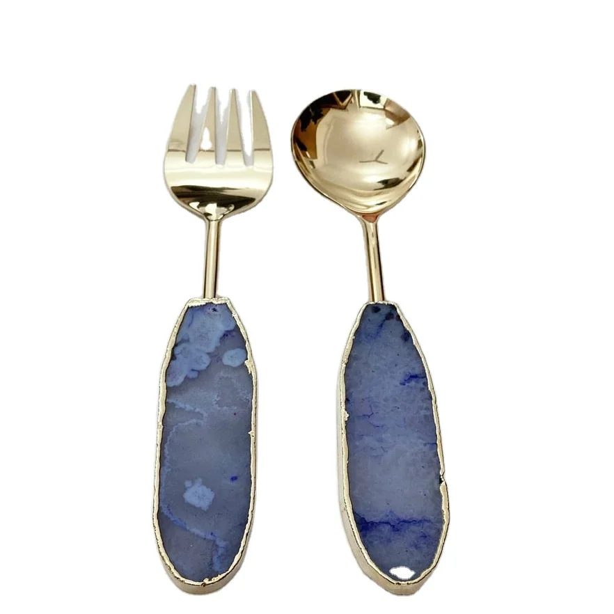 Blue Agate Salad Server - Set of 2 Spoon - Agate Dinner Sets - Buy From Healing Crystals Export