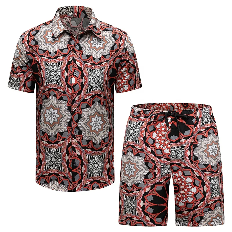 2022 New Design Shirt Printing Men 100%Polyester Custom Beach Wear Casual Hawaiian Men Beach Suit Set