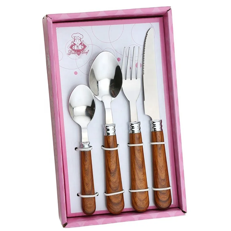 Stainless steel cutlery set of 24, vintage fork knife spoon and tea spoon tableware with wooden color coating handle for gift