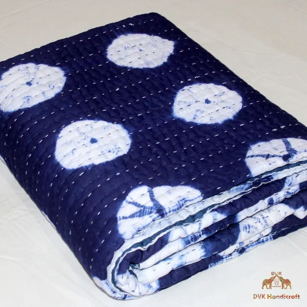 High Quality Cotton Printed Shibori Tie & Die Hand Printed Kantha Quilt Vintage Hand stitched Cotton Blanket Blue Quilt