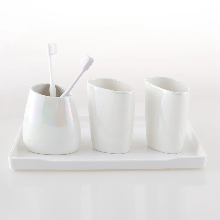 Wholesale Accessories Hotel Iridescent Ceramic Mouthwash Cup Toothbrush Holder Soap Dish Dispenser Bathroom Set