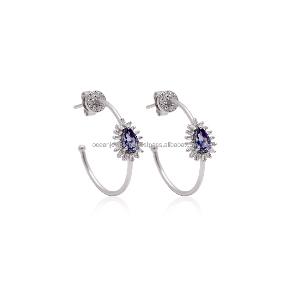 18k White Gold Pear Blue Sapphire Earrings Diamond Half J-Hoop Earrings With Push Back Earrings For Women