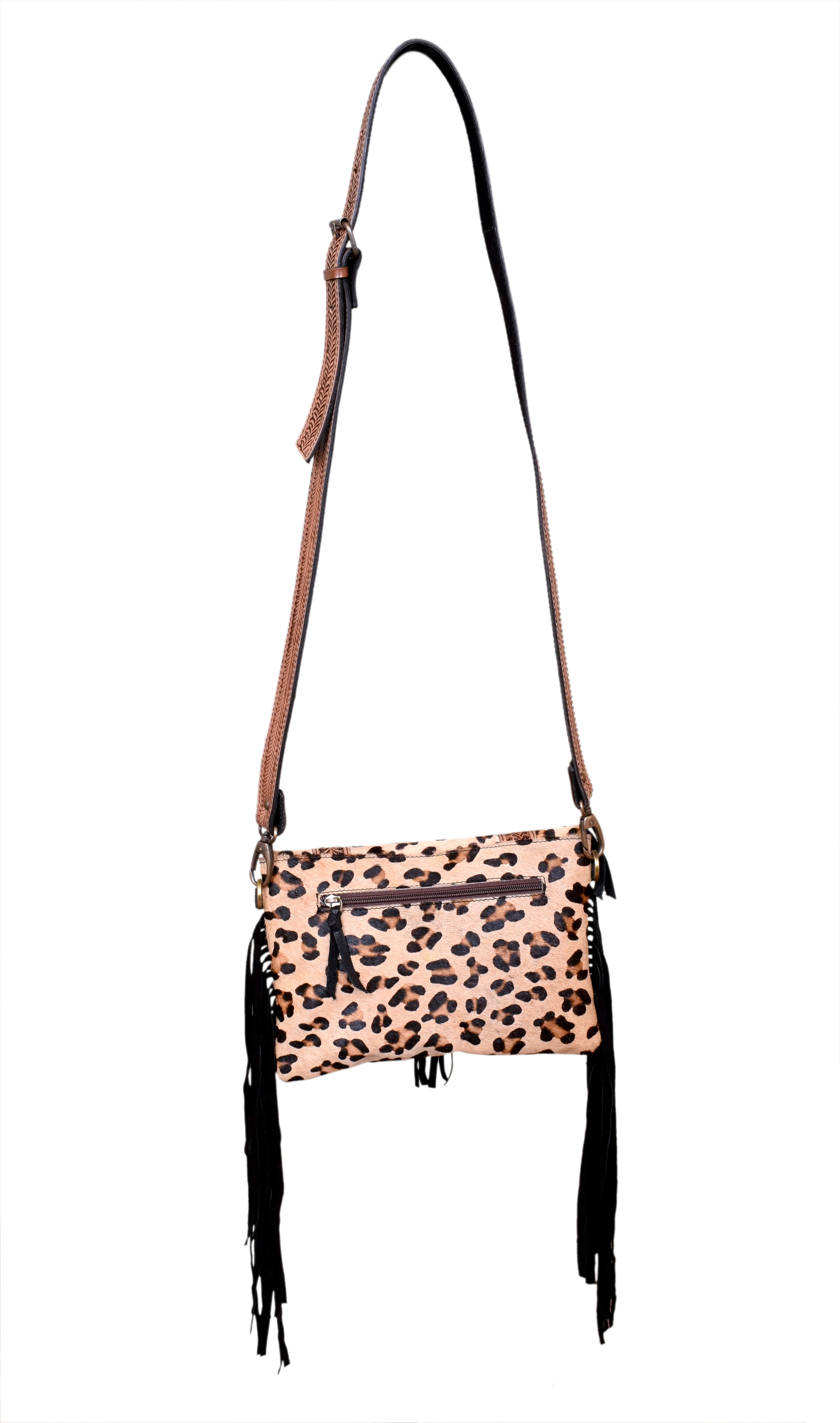 Flying Eagle Leopard Print Embossed Leather Handmade Hairon Fur Leather Crossbody Bag with Hand Tooled Matching Shoulder Strap