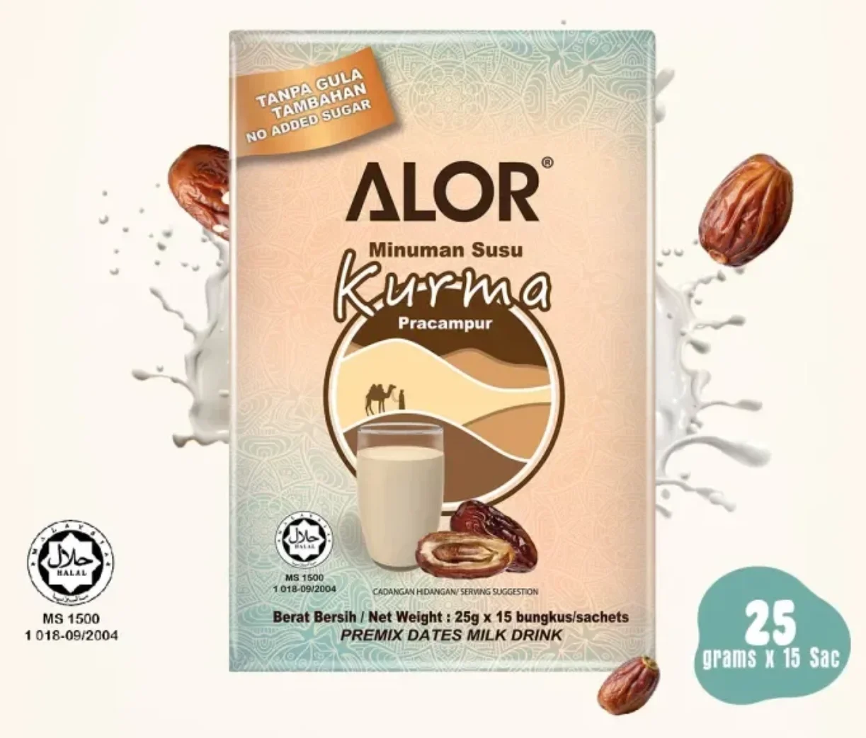 ALOR [Halal] Premix Dates Milk 25g x 15 sachets Ready Stocks with Natural Sugars for Energy Rich in Antioxidants High Vitamins